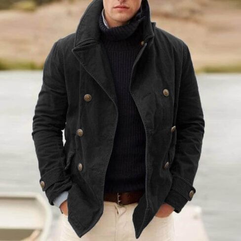 Men British Style Trench Coat Vintage Notch Lapel Double-Breasted Peacoat Windproof Jacket Gentlemen Cardigan in Saudi Arabia