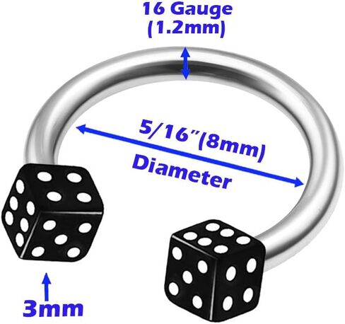 6Pcs Surgical Steel 16g 5/16 8mm medium sized horseshoe hoops Piercing Jewelry Septum Daith Cartilage Helix Eyebrow 3mm Dice M7513 in Kuwait