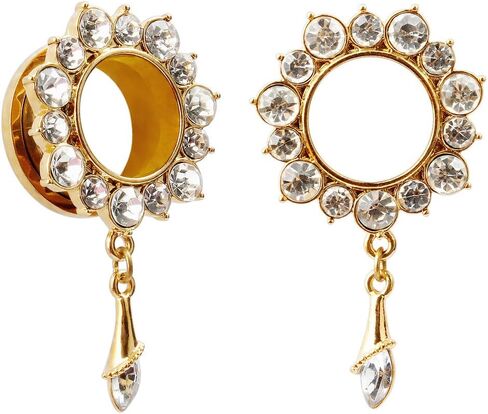 KUBOOZ Gemmed Flower Drop Eyelets Gold Plated Stainless Steel Flare Screw Back Ear Tunnels Plugs Gauges. in Kuwait