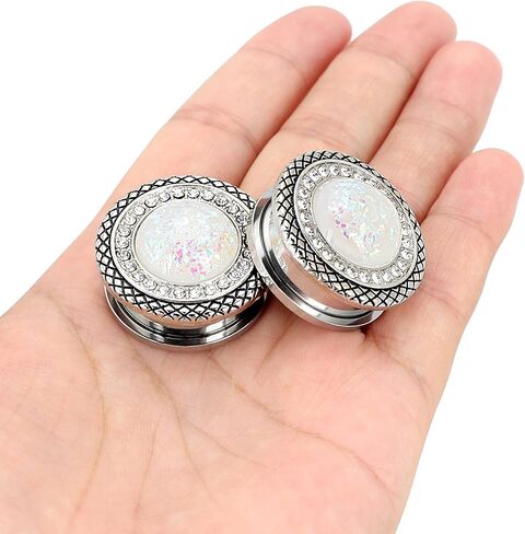 Qmcandy 2pcs 2G-1 inch Stainless Steel Mother of Pearl or Opal Screw Ear Plugs Gauges Piercing in Saudi Arabia