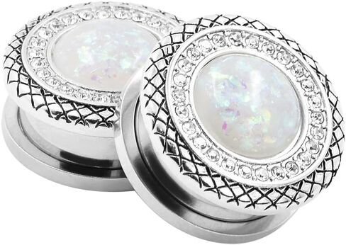 Qmcandy 2pcs 2G-1 inch Stainless Steel Mother of Pearl or Opal Screw Ear Plugs Gauges Piercing in Saudi Arabia