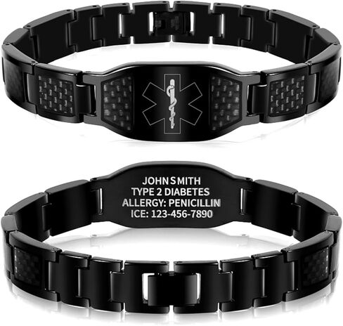 KRFITYA Free Custom Engraved Medical Alert Bracelet for Men, Stainless Steel Personalized Emergency Medical ID Wristband Carbon Fiber Health Alert Bracelet in Kuwait