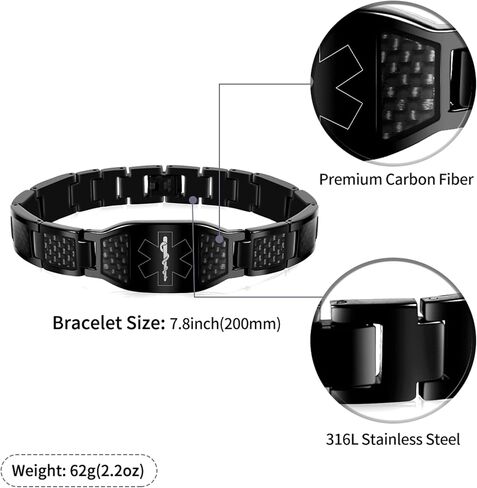 KRFITYA Free Custom Engraved Medical Alert Bracelet for Men, Stainless Steel Personalized Emergency Medical ID Wristband Carbon Fiber Health Alert Bracelet in Kuwait