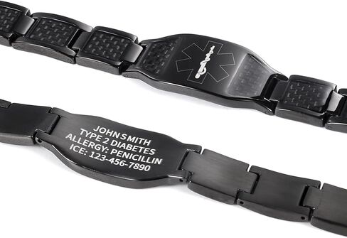 KRFITYA Free Custom Engraved Medical Alert Bracelet for Men, Stainless Steel Personalized Emergency Medical ID Wristband Carbon Fiber Health Alert Bracelet in Kuwait