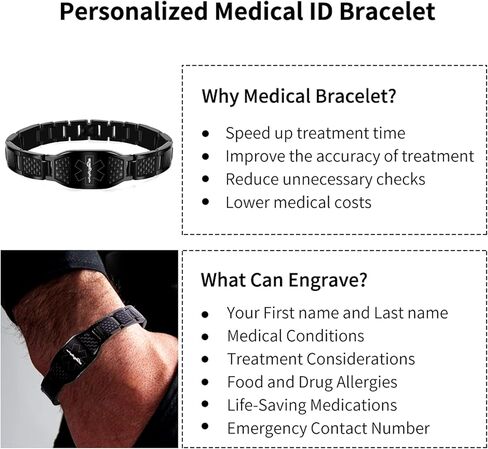 KRFITYA Free Custom Engraved Medical Alert Bracelet for Men, Stainless Steel Personalized Emergency Medical ID Wristband Carbon Fiber Health Alert Bracelet in Kuwait