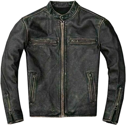 Mens Vintage Cafe Racer Motorcycle Distressed Biker Black Leather Jacket in Kuwait