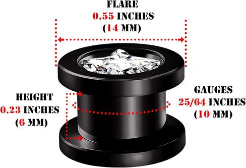 BIG GAUGES Pair of Screw Black Anodized Clear Crystal Piercing Jewelry Ear Stretching Lobe Plug Tunnel Earring in Kuwait