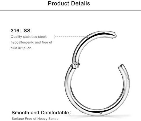 Lcolyoli 6Pcs 14G Surgical Steel Septum Clicker Ring Seamless Nipple Lip Nose Daith Cartilage Helix Tragus Hoop Sleeper Earring for Women Men 8mm-16mm in Saudi Arabia