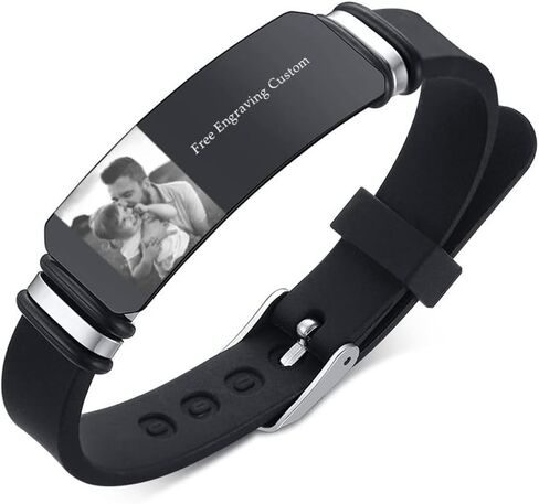 LiFashion Personalized Photo Bracelet for Men,Custom Name Text & Picture Engraved ID Bracelet Stainless Steel Adjusted Silicone Nameplates Cuff Wristband for Dad,Husband,Boyfriend,Brother,Son in Saudi Arabia