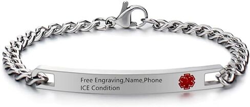 ZKXXJ Emergency Medical Alert ID Bracelets for Men Women Stainless Steel Link Chain Bracelet Identification Charms Allergy Awareness Jewelry with Medical Card,Customizable,Blue/Red Signs in Kuwait