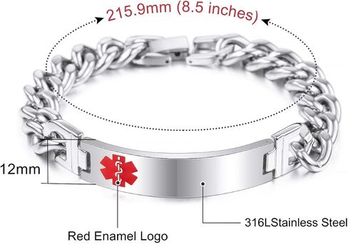 MOWOM Medical Alert Bracelet Custom Engraved, 7-9 Inches, Identification Allergy Life Medic Name ID for Men Women Stainless Steel Chain Bracelets - (Bundle with Emergency Card, Holder) in Kuwait