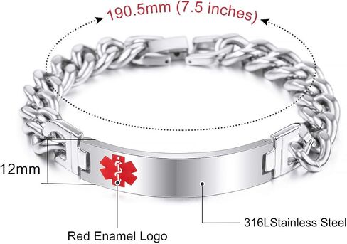 MOWOM Medical Alert Bracelet Custom Engraved, 7-9 Inches, Identification Allergy Life Medic Name ID for Men Women Stainless Steel Chain Bracelets - (Bundle with Emergency Card, Holder) in Kuwait