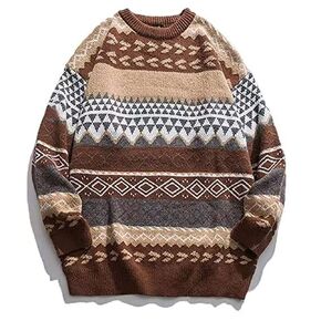 PEHMEA Men's Vintage Striped Sweater Oversized Knitted Pullover Crewneck Long Sleeve Colorblock Jumper Tops