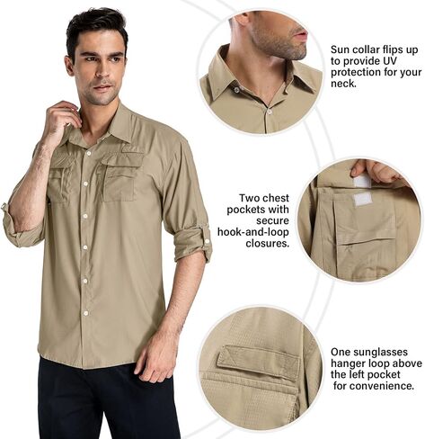Anteef Mens Safari Shirts Long Sleeve UV Protection Hiking Fishing UPF 50+ Quick Dry Camping Travel Shirts in Saudi Arabia