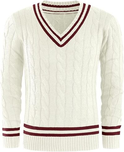 chouyatou Men's Casual V Neck Contrast Stripes Cable Knit Pullover Sweater Tops in Saudi Arabia