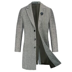 PJ PAUL JONES Men's Herringbone Wool Blend Long Overcoat Pea Coat with Brooch