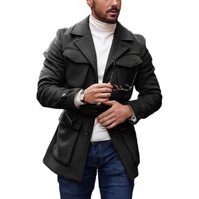 Mens Trench Coat Slim Fit Wool Blends Business Lapel Belted Overcoat Winter Casual Peacoat Jacket