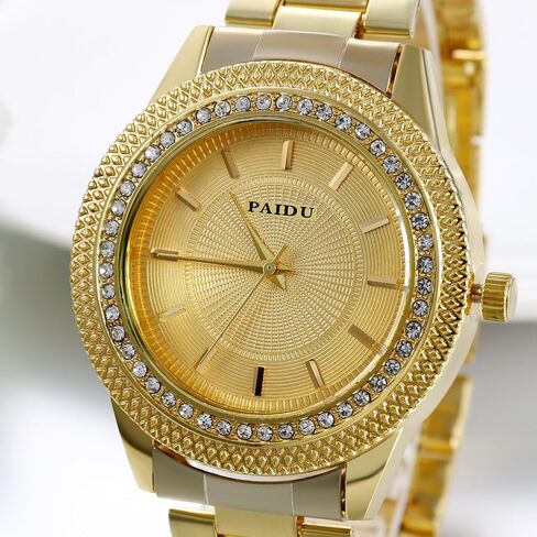 JewelryWe Mens Watch Gold Tone Stainless Steel Quartz Watch Luxury Bling Rhinestone Wristwatch for Halloween in Saudi Arabia
