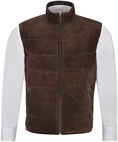 Men's Quilted Leather Waistcoat Brown Real Suede Leather Fashion Gilet Vest 1799 in Saudi Arabia