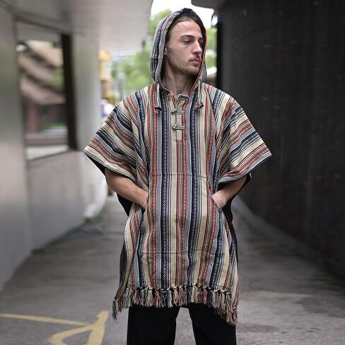 virblatt - Mexican poncho men | 100 % cotton | blanket poncho | reversible | wool poncho hippie Baja hoodie pancho cloak in Kuwait