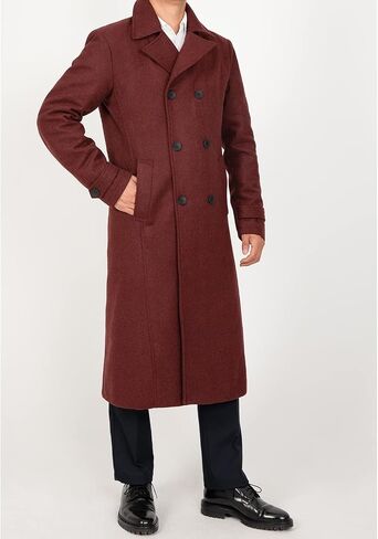 Men's Long Wool Blend Coat Double Breasted Trench Pea Coat Winter Wool Overcoat Top Coat in Saudi Arabia