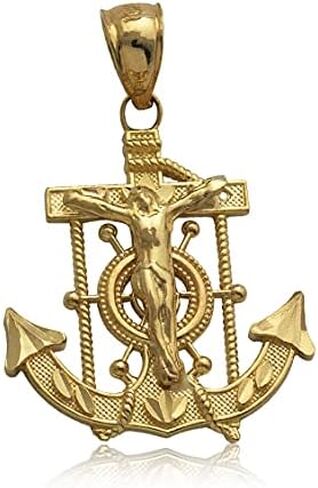 LoveBling 10K Yellow Gold Diamond Cut Jesus Cross/Anchor (1.00" x 0.70" ) in Kuwait