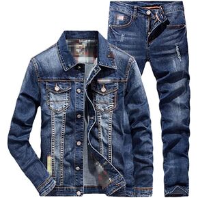 Mens Punk Style Blue Cotton Denim Long Sleeve Jacket + Ripped Hole Jeans Couple Two Pieces Denim Sets in Saudi Arabia