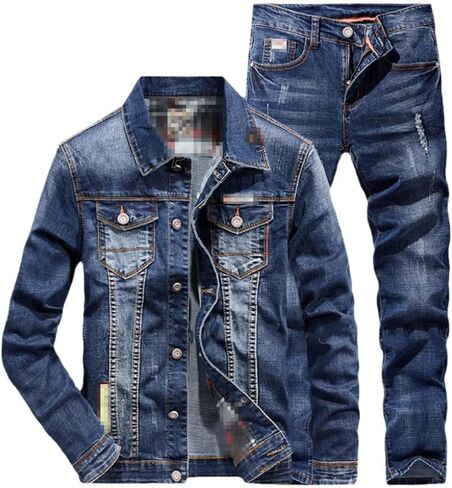 Mens Punk Style Blue Cotton Denim Long Sleeve Jacket + Ripped Hole Jeans Couple Two Pieces Denim Sets in Saudi Arabia