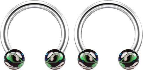 2pc Unique Hand-Painted Circular Barbell Lip 16g Mens Barbells Earrings 8mm Stainless Steel Jewelry Helix Balls Ring Piercing Horseshoe Septum 16 Gauge Surgical Nose Green & White in Saudi Arabia