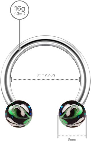 2pc Unique Hand-Painted Circular Barbell Lip 16g Mens Barbells Earrings 8mm Stainless Steel Jewelry Helix Balls Ring Piercing Horseshoe Septum 16 Gauge Surgical Nose Green & White in Saudi Arabia
