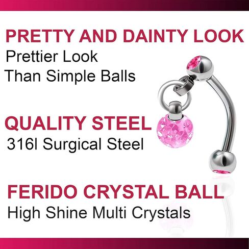 16g 5/16 Curved Barbell Dangle Earrings Cartilage Eyebrow Stud Tragus Helix Surgical Steel Crystal - Rose in Saudi Arabia