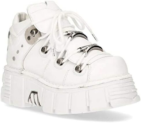 New Rock 106N-S8 Platform Shoes Metallic White Leather Biker Punk Gothic Boots in Kuwait