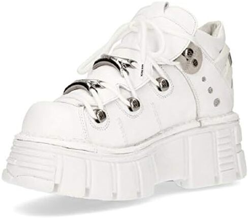 New Rock 106N-S8 Platform Shoes Metallic White Leather Biker Punk Gothic Boots in Kuwait