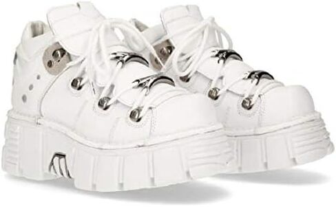 New Rock 106N-S8 Platform Shoes Metallic White Leather Biker Punk Gothic Boots in Kuwait