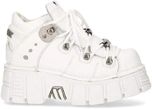New Rock 106N-S8 Platform Shoes Metallic White Leather Biker Punk Gothic Boots in Kuwait