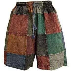 Men's Boho Bohemian Hippie Stonewashed Cotton Patchwork Colorblock Rustic Three Pocket Festival Shorts in Saudi Arabia