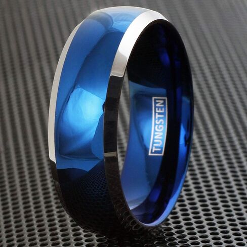 Beautiful Brilliant 6mm/8mm Royal Blue Tungsten Carbide Low Dome Band Style Ring w/ Silver Edges and Comfort Fit Inner Band. in Kuwait