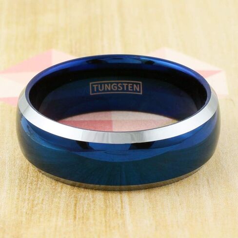 Beautiful Brilliant 6mm/8mm Royal Blue Tungsten Carbide Low Dome Band Style Ring w/ Silver Edges and Comfort Fit Inner Band. in Kuwait