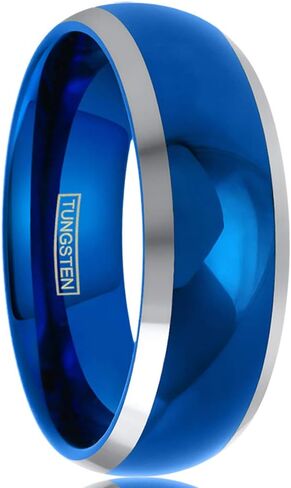 Beautiful Brilliant 6mm/8mm Royal Blue Tungsten Carbide Low Dome Band Style Ring w/ Silver Edges and Comfort Fit Inner Band. in Kuwait