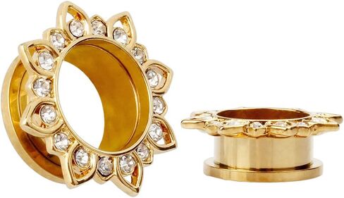 KUBOOZ Jewelry Gold Plated Flower Stainless Steel Crystal Gems Screw Back Ear Plugs Gauges Sold in Pairs in Saudi Arabia