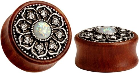 KUBOOZ(1 Pair Vintage Wood Opal Center Flower Ear Plugs Tunnels Gauges Stretcher Piercings in Kuwait