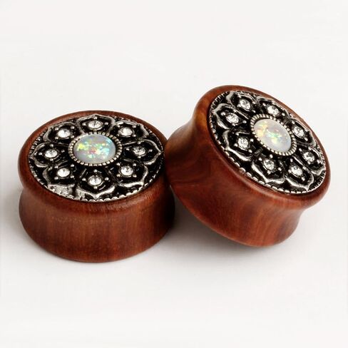 KUBOOZ(1 Pair Vintage Wood Opal Center Flower Ear Plugs Tunnels Gauges Stretcher Piercings in Kuwait