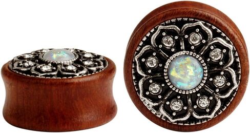 KUBOOZ(1 Pair Vintage Wood Opal Center Flower Ear Plugs Tunnels Gauges Stretcher Piercings in Kuwait