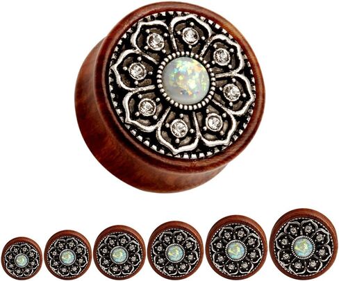 KUBOOZ(1 Pair Vintage Wood Opal Center Flower Ear Plugs Tunnels Gauges Stretcher Piercings in Kuwait