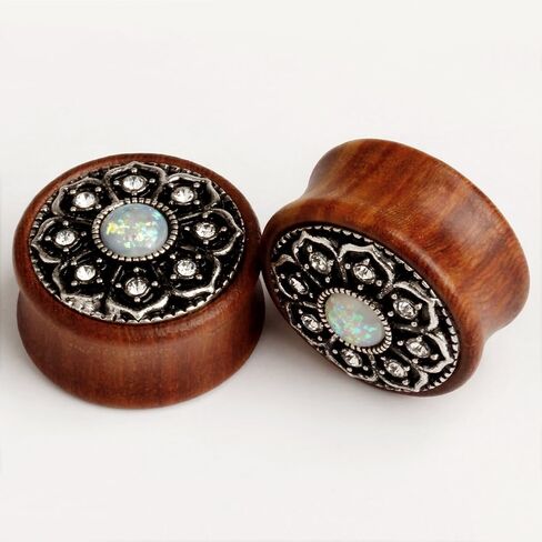 KUBOOZ(1 Pair Vintage Wood Opal Center Flower Ear Plugs Tunnels Gauges Stretcher Piercings in Kuwait