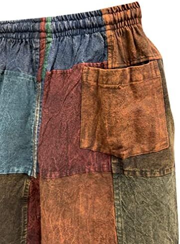 Men's Boho Bohemian Hippie Stonewashed Cotton Patchwork Colorblock Rustic Three Pocket Festival Shorts in Saudi Arabia
