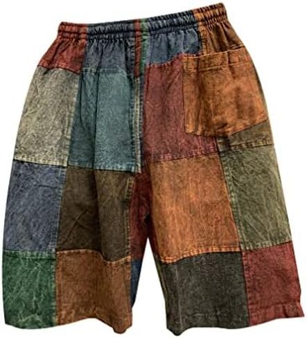 Men's Boho Bohemian Hippie Stonewashed Cotton Patchwork Colorblock Rustic Three Pocket Festival Shorts in Saudi Arabia