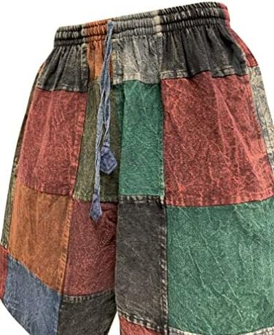 Men's Boho Bohemian Hippie Stonewashed Cotton Patchwork Colorblock Rustic Three Pocket Festival Shorts in Saudi Arabia