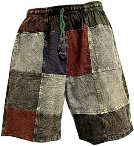 Men's Boho Bohemian Hippie Stonewashed Cotton Patchwork Colorblock Rustic Three Pocket Festival Shorts in Saudi Arabia