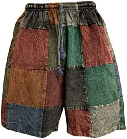 Men's Boho Bohemian Hippie Stonewashed Cotton Patchwork Colorblock Rustic Three Pocket Festival Shorts in Saudi Arabia
